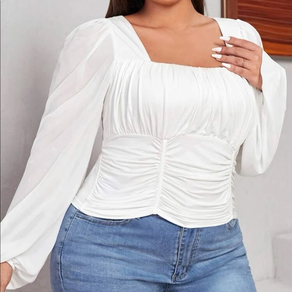 Boho Plus Size White Bishop Sleeve Shirt Top Blouse White - Picture 1 of 9